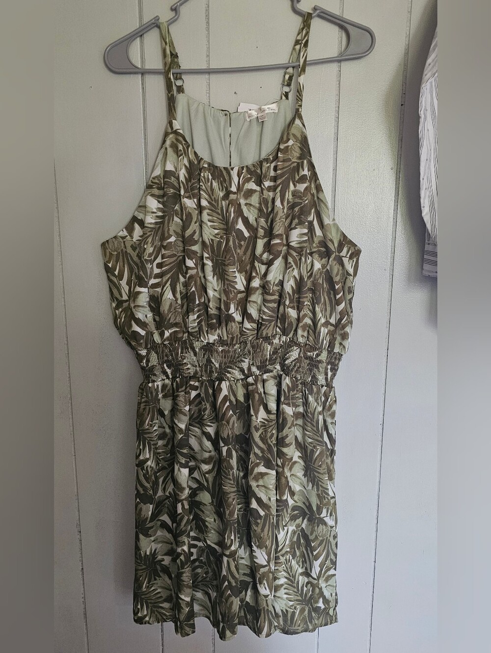 Women’s Leaf-Print Smocked Waist Romper- Olive/Green